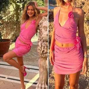 Magda Butrym Rosette Silk Jersey Pink Ruched Cutout Mini Dress 42 IT / US 6